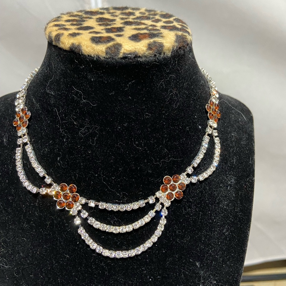Vintage Rhinestone Swag Festoon Choker Necklace Red Flower
